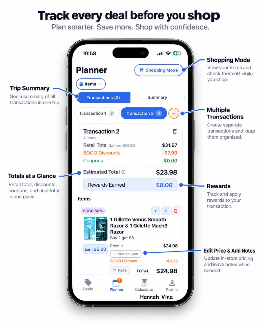 Coupon Math planner screen